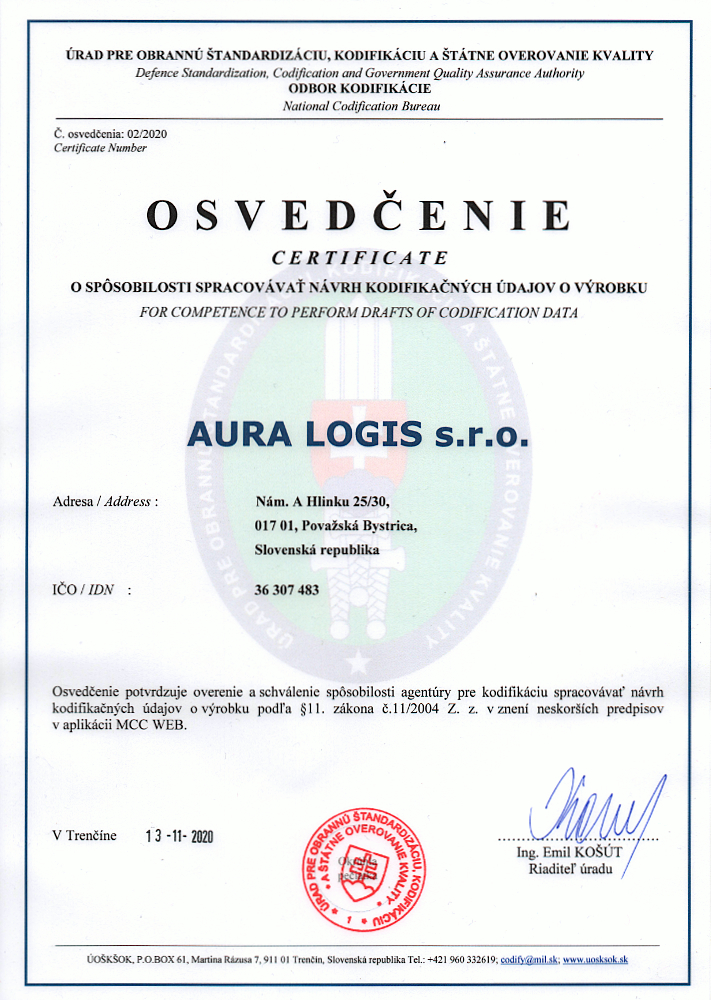 Osvedčenie AURA LOGIS